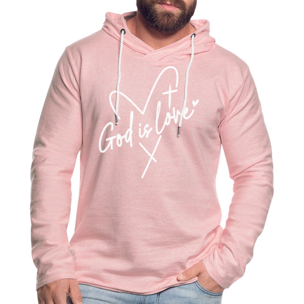 God is Love : Lightweight Terry Hoodie (White Letters) - cream heather pink