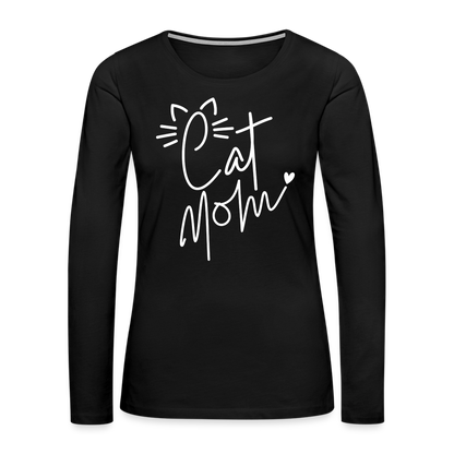 Cat Mom : Premium Long Sleeve T-Shirt (White Letters) - black