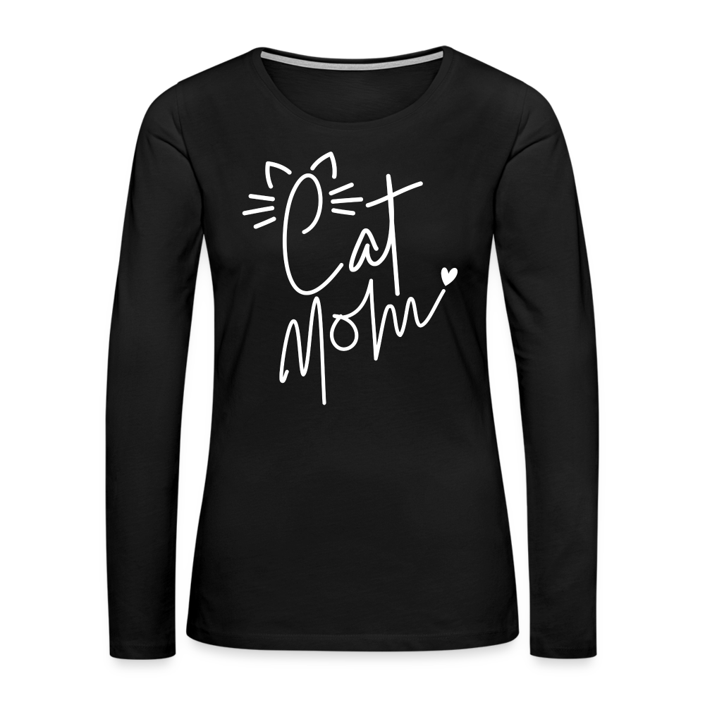 Cat Mom : Premium Long Sleeve T-Shirt (White Letters) - black