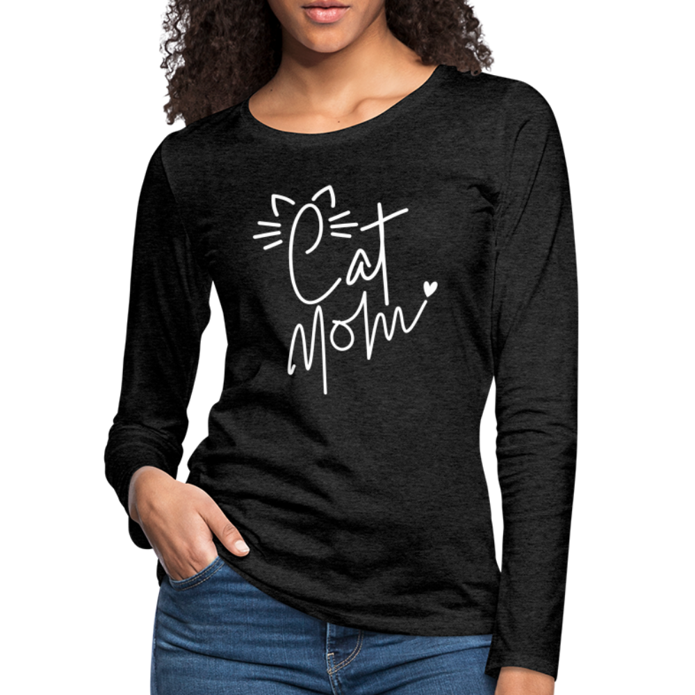 Cat Mom : Premium Long Sleeve T-Shirt (White Letters) - charcoal grey