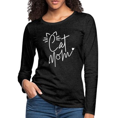 Cat Mom : Premium Long Sleeve T-Shirt (White Letters) - charcoal grey
