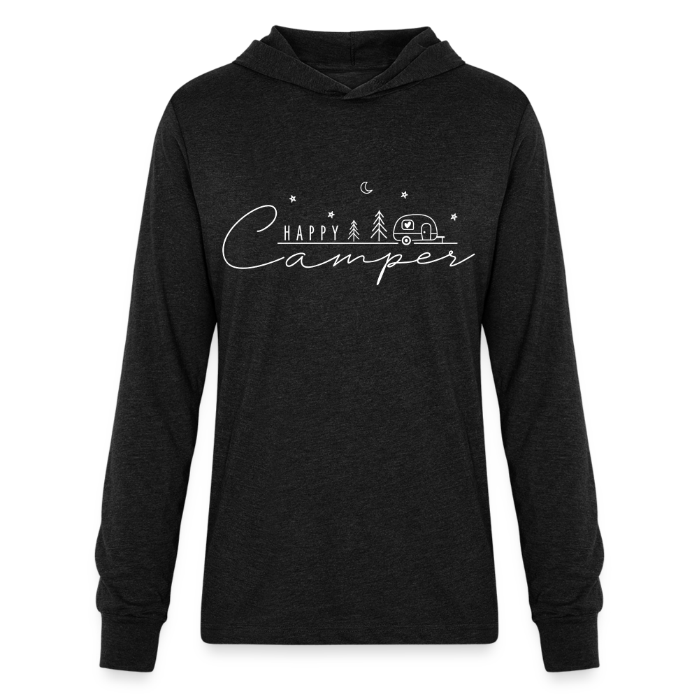 Happy Camper : Long Sleeve Hoodie Shirt (White Letters) - heather black