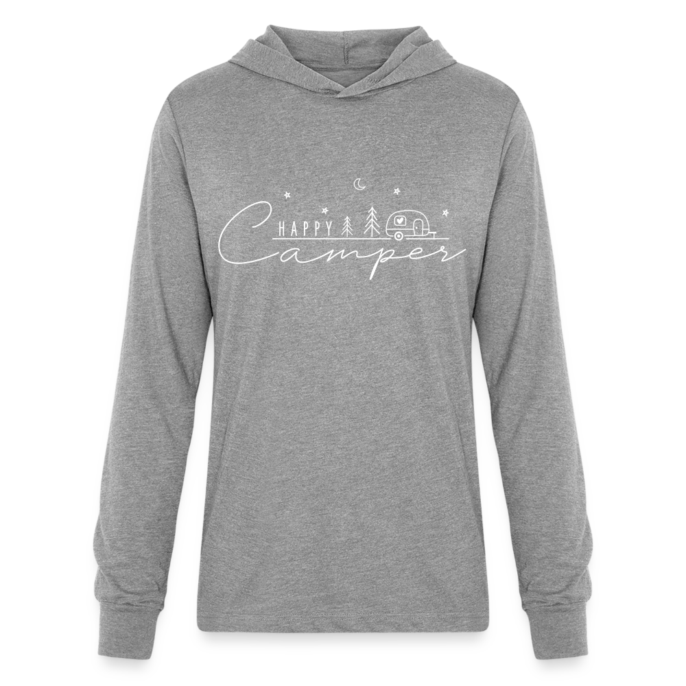 Happy Camper : Long Sleeve Hoodie Shirt (White Letters) - heather grey