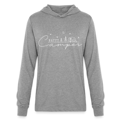 Happy Camper : Long Sleeve Hoodie Shirt (White Letters) - heather grey