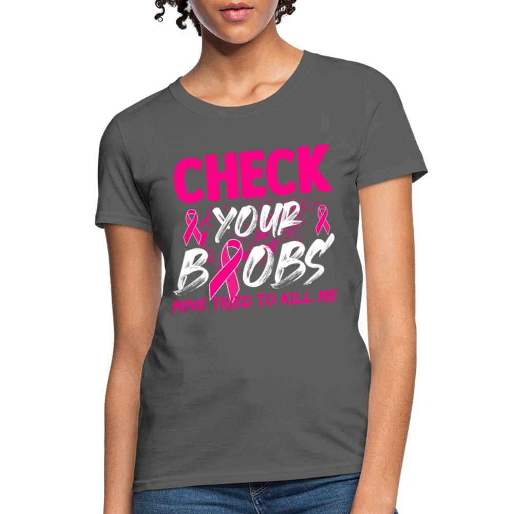 Check Your Boobs T-Shirt (Breast Cancer Awareness) - charcoal