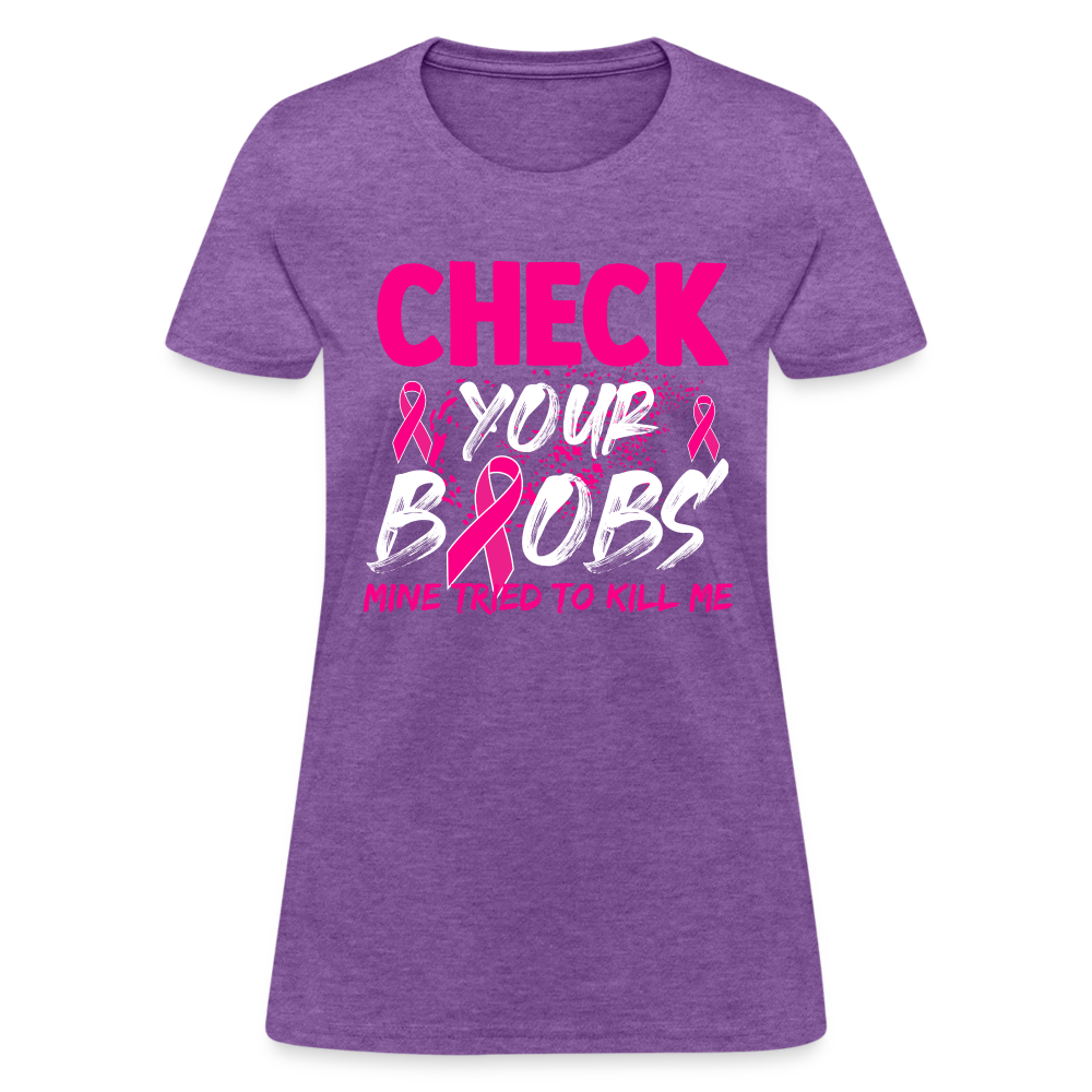 Check Your Boobs T-Shirt (Breast Cancer Awareness) - purple heather