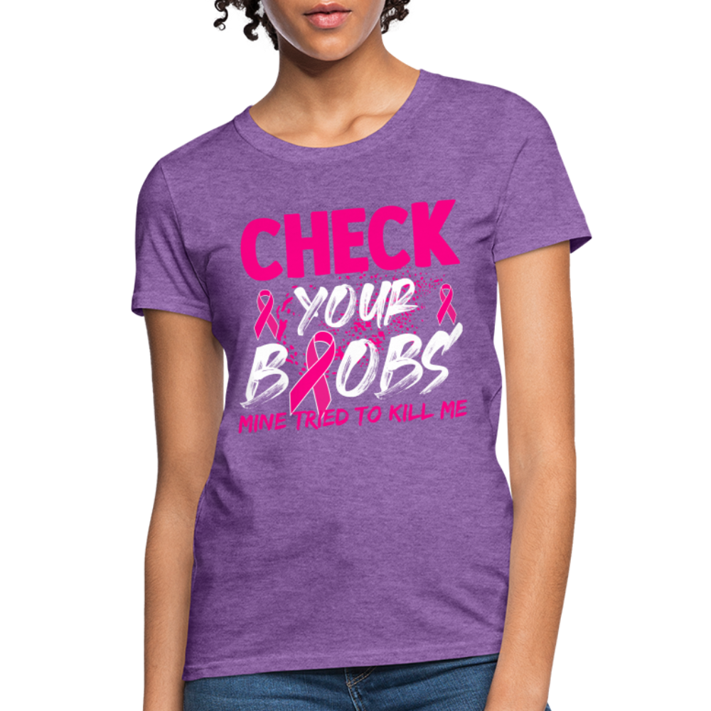 Check Your Boobs T-Shirt (Breast Cancer Awareness) - purple heather