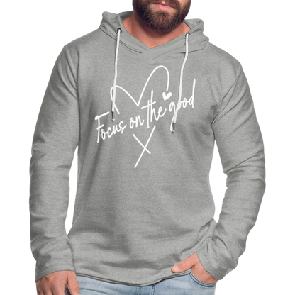Focus on the Good : Lightweight Terry Hoodie (White Letters) - heather gray
