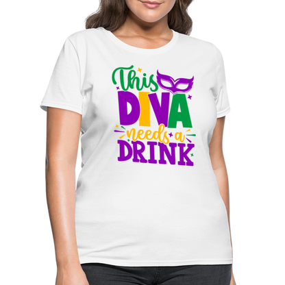 This Diva Needs A Drink T-Shirt (Mardi Gras) - white