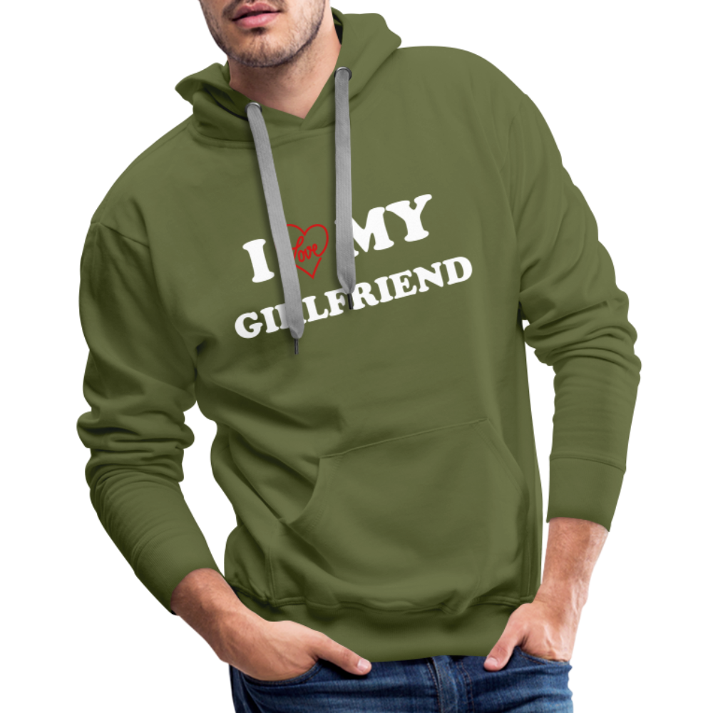 I Love My Girlfriend : Men’s Premium Hoodie (White Letters) - olive green
