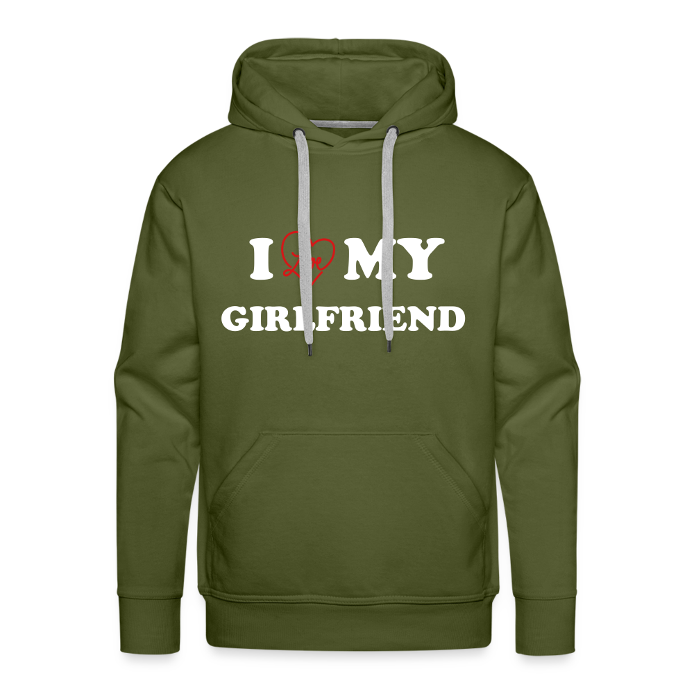 I Love My Girlfriend : Men’s Premium Hoodie (White Letters) - olive green