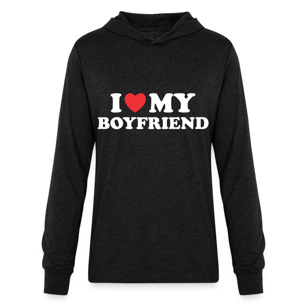 I Love My Boyfriend : Long Sleeve Hoodie Shirt (White Letters) - heather black