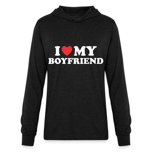 I Love My Boyfriend : Long Sleeve Hoodie Shirt (White Letters) - heather black