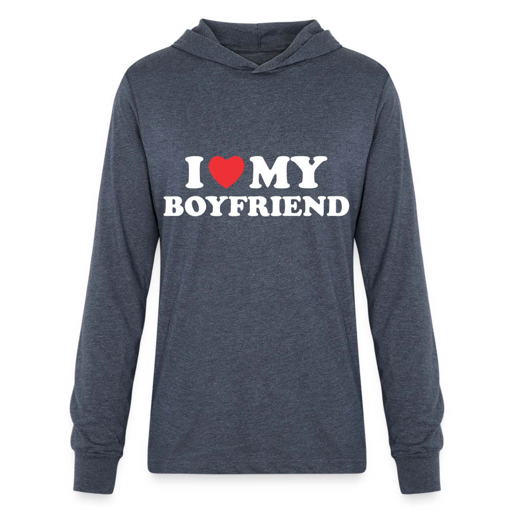 I Love My Boyfriend : Long Sleeve Hoodie Shirt (White Letters) - heather navy