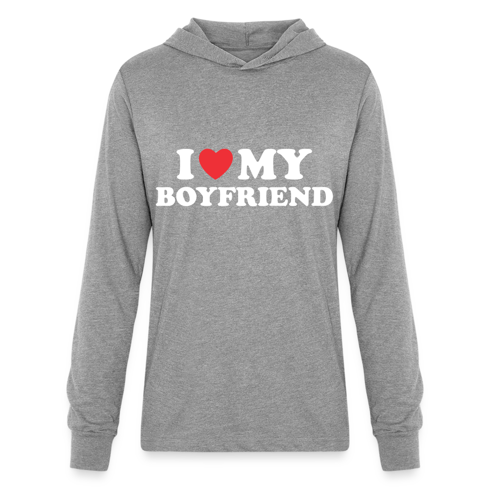 I Love My Boyfriend : Long Sleeve Hoodie Shirt (White Letters) - heather grey
