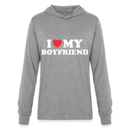 I Love My Boyfriend : Long Sleeve Hoodie Shirt (White Letters) - heather grey