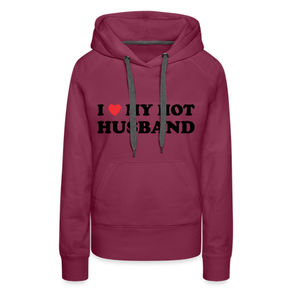 Title: I Love My Hot Husband : Women’s Premium Hoodie (Black Letters) - burgundy