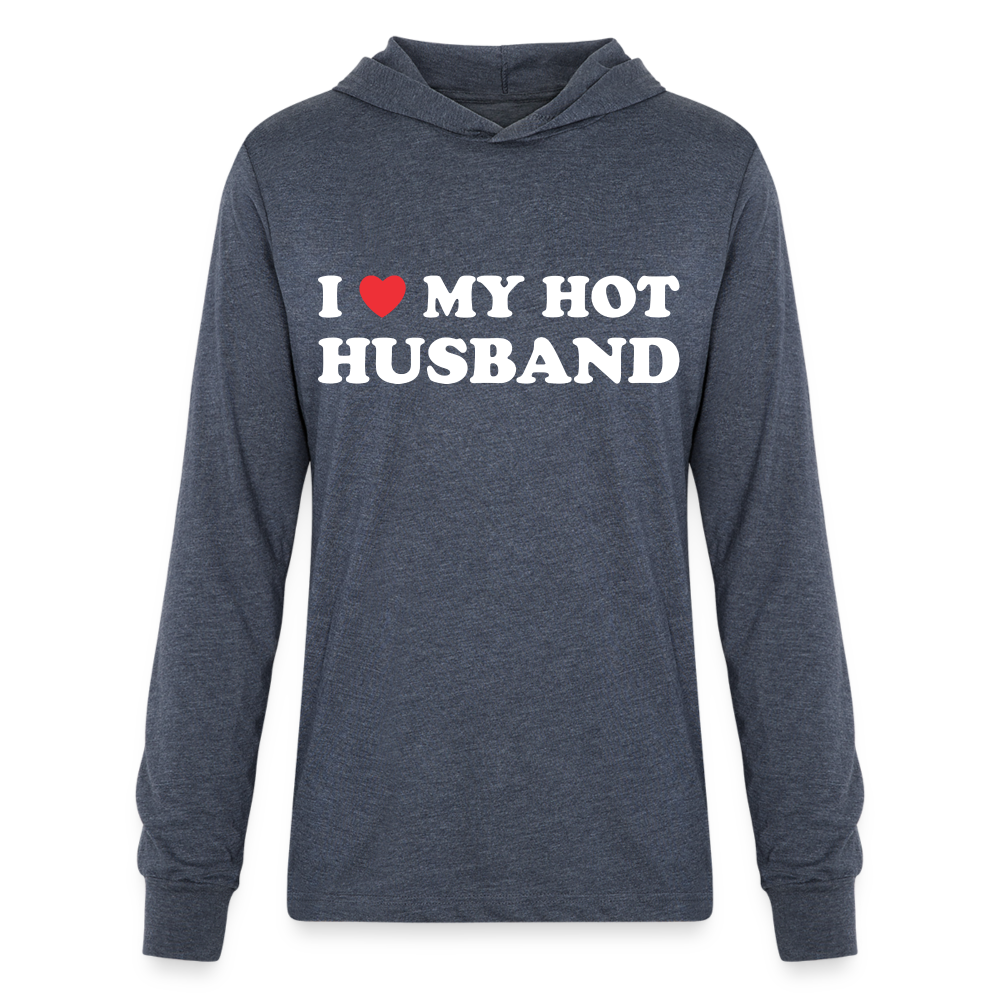 I Love My Hot Husband : Long Sleeve Hoodie Shirt (White Letters) - heather navy