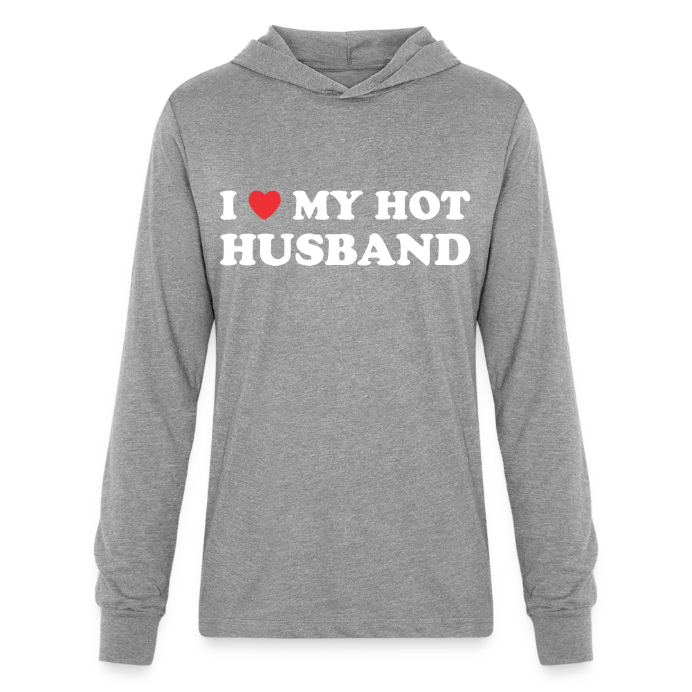 I Love My Hot Husband : Long Sleeve Hoodie Shirt (White Letters) - heather grey