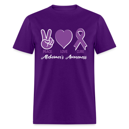 Alzheimer's Awareness T-Shirt (Peace Love Cure) - purple