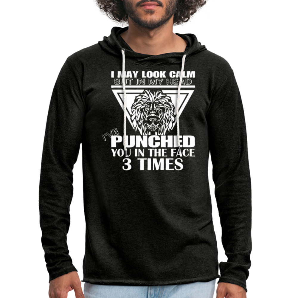 Punched You 3 Times In The Face Lightweight Terry Hoodie (Stay Calm) - charcoal grey