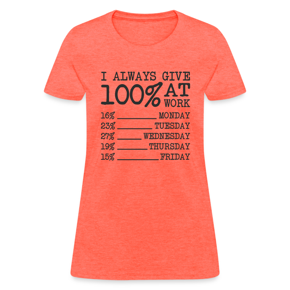I Always Give 100% at Work Women's T-Shirt (Work Humor) - heather coral