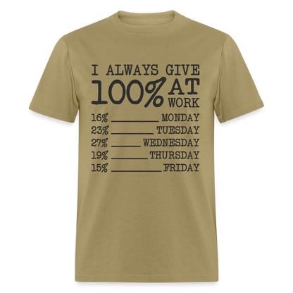 I Always Give 100% at Work T-Shirt (Work Humor) - khaki