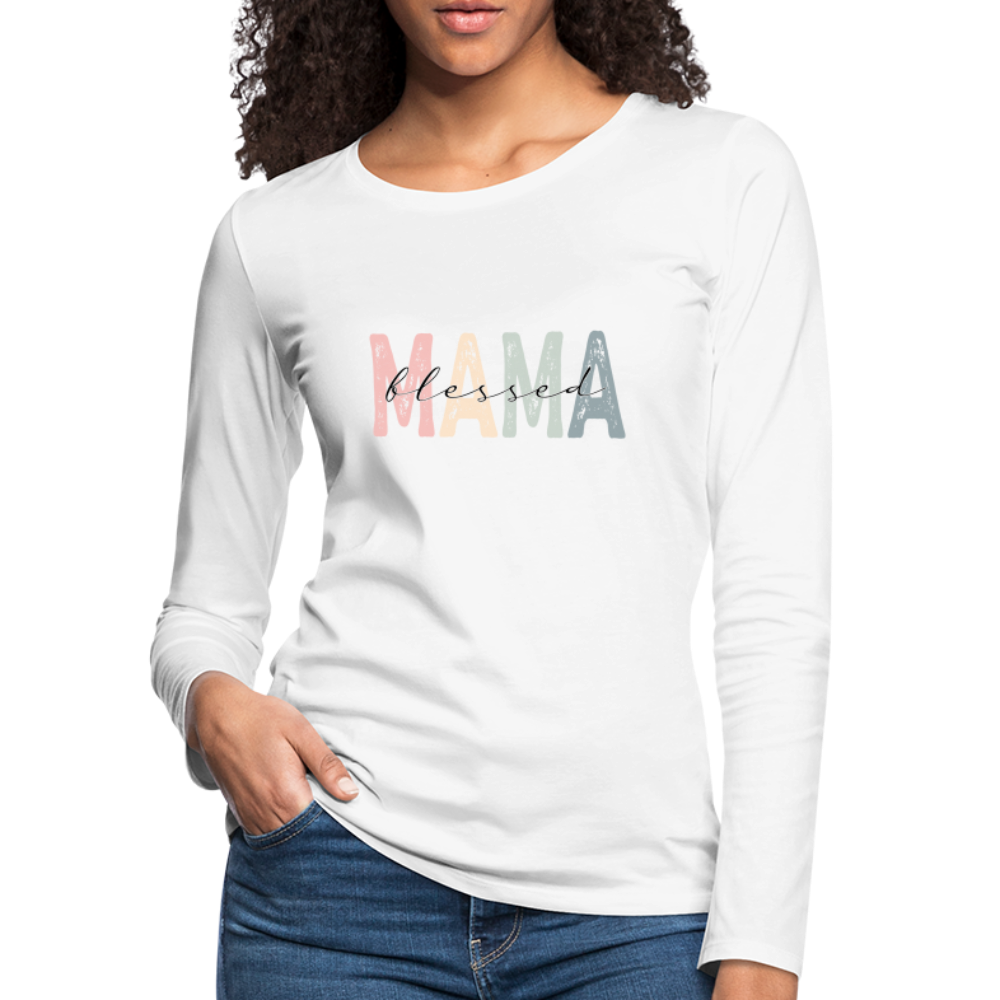 Blessed Mama Premium Long Sleeve T-Shirt (Retro Design) - white