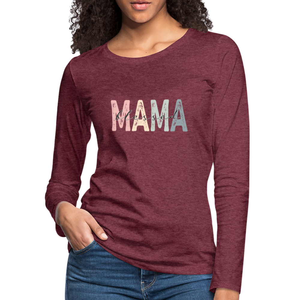 Blessed Mama Premium Long Sleeve T-Shirt (Retro Design) - heather burgundy