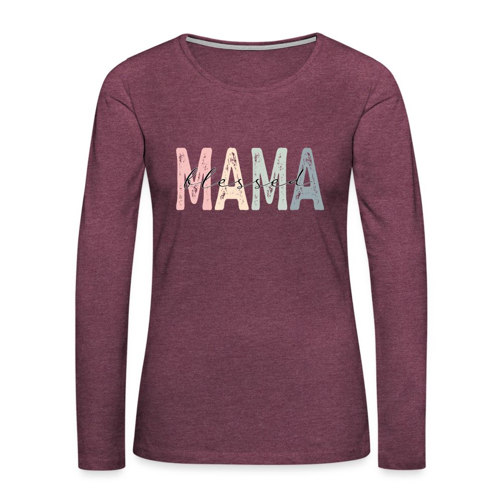 Blessed Mama Premium Long Sleeve T-Shirt (Retro Design) - heather burgundy