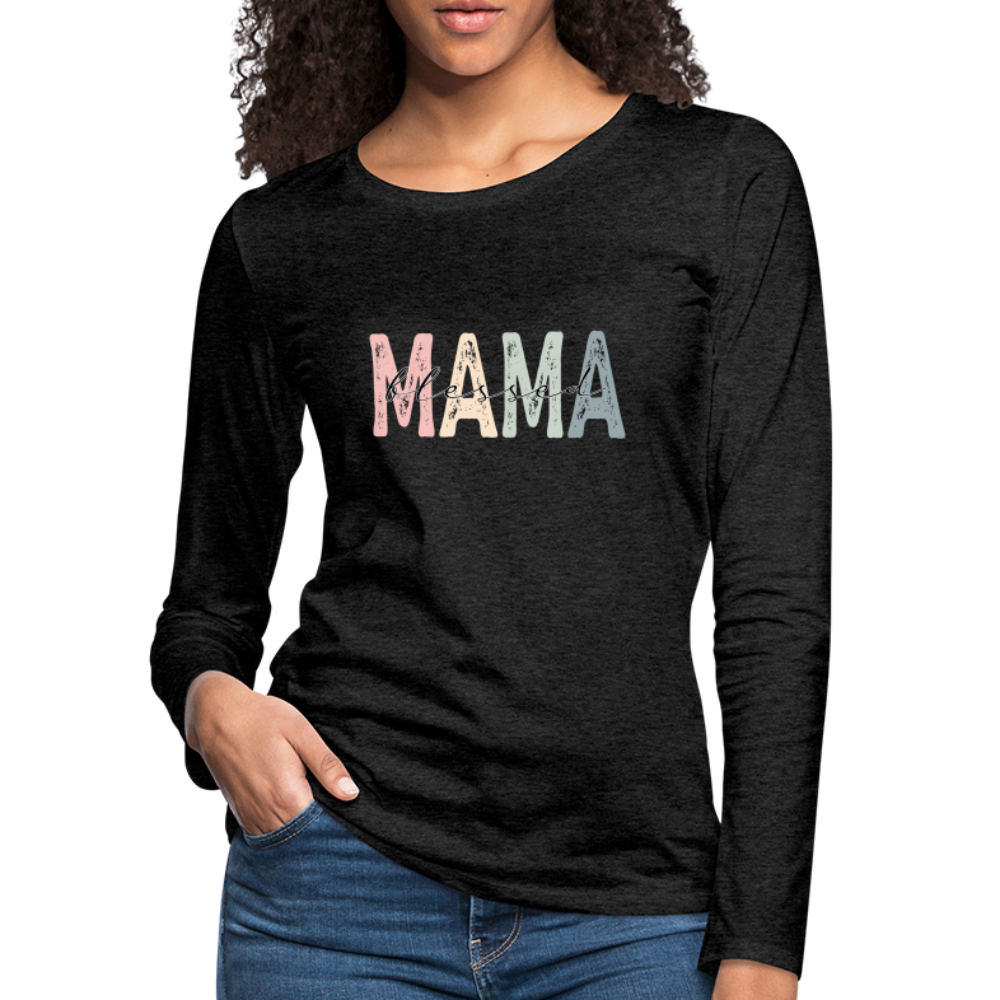 Blessed Mama Premium Long Sleeve T-Shirt (Retro Design) - charcoal grey