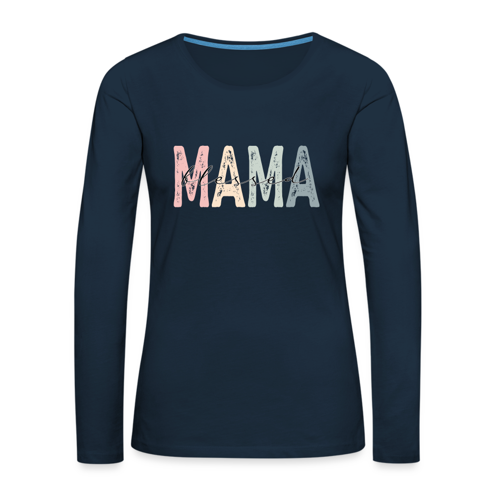 Blessed Mama Premium Long Sleeve T-Shirt (Retro Design) - deep navy