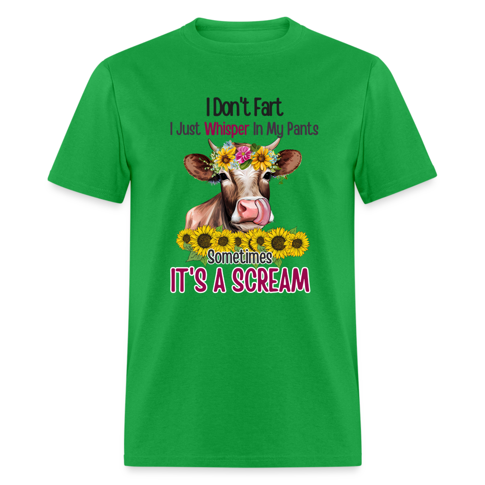 I Don't Fart I Just Whisper in My Pants T-Shirt (Funny Cow) - bright green