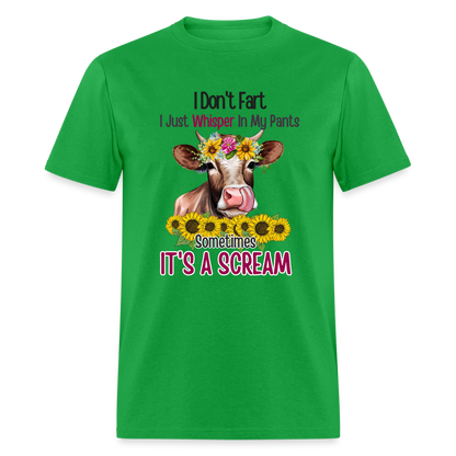 I Don't Fart I Just Whisper in My Pants T-Shirt (Funny Cow) - bright green