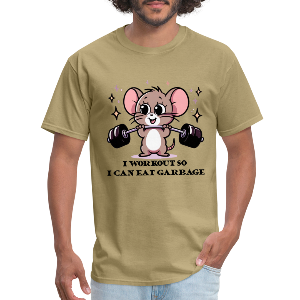 I Workout So I Can Eat Garbage T-Shirt (with Mouse Lifting Weights) - khaki