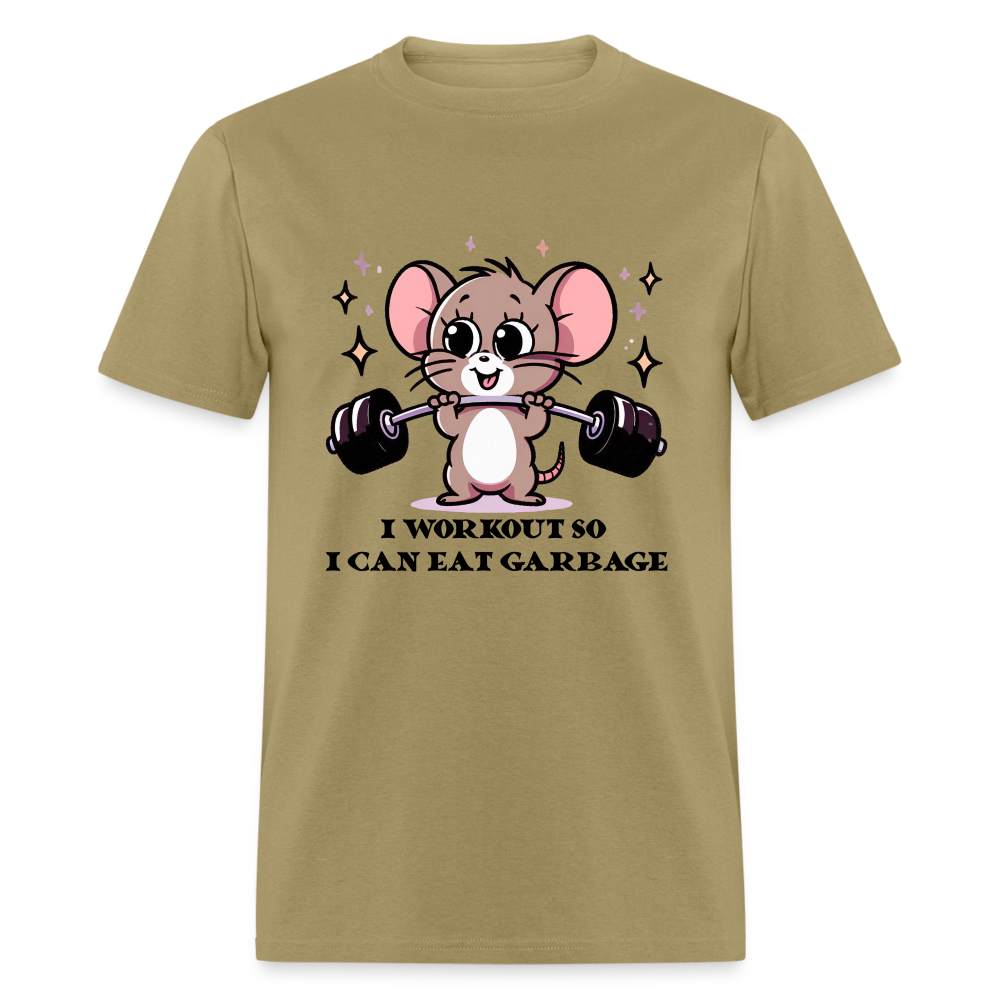 I Workout So I Can Eat Garbage T-Shirt (with Mouse Lifting Weights) - khaki