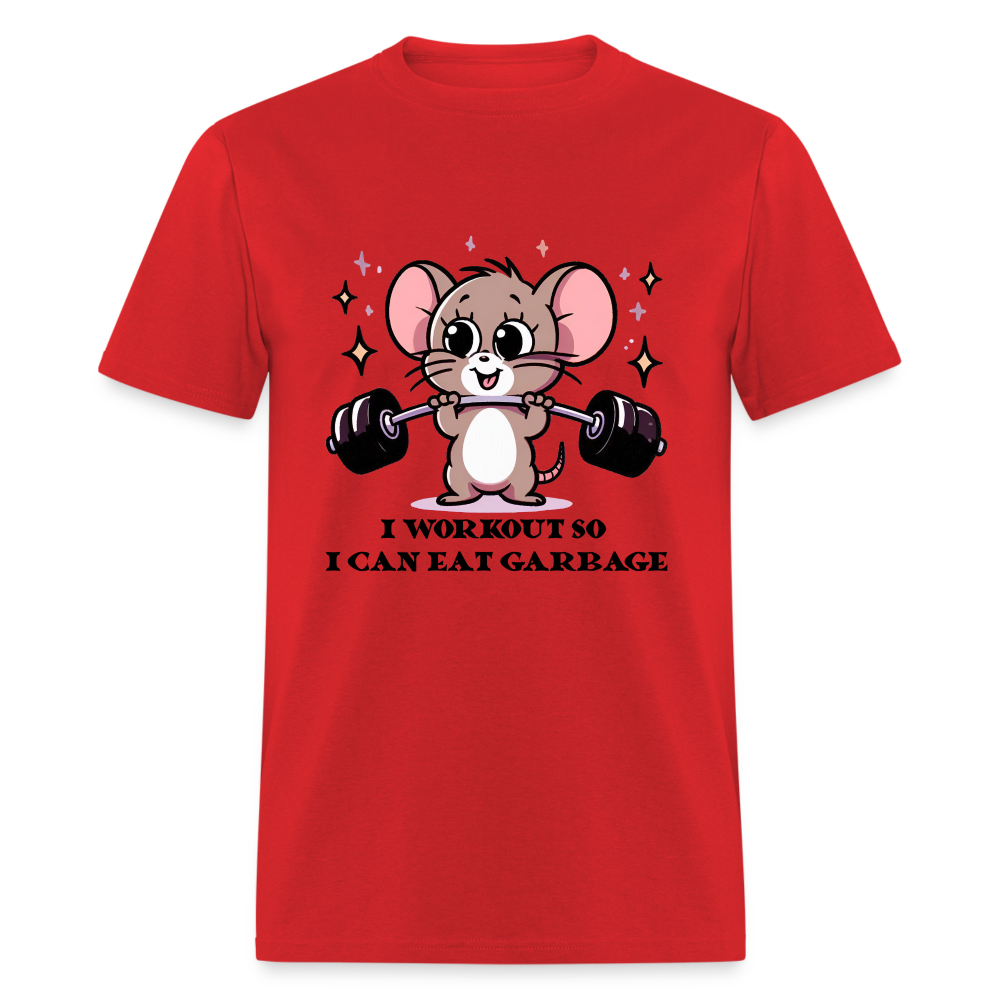 I Workout So I Can Eat Garbage T-Shirt (with Mouse Lifting Weights) - red