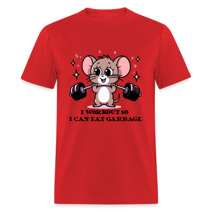 I Workout So I Can Eat Garbage T-Shirt (with Mouse Lifting Weights) - red