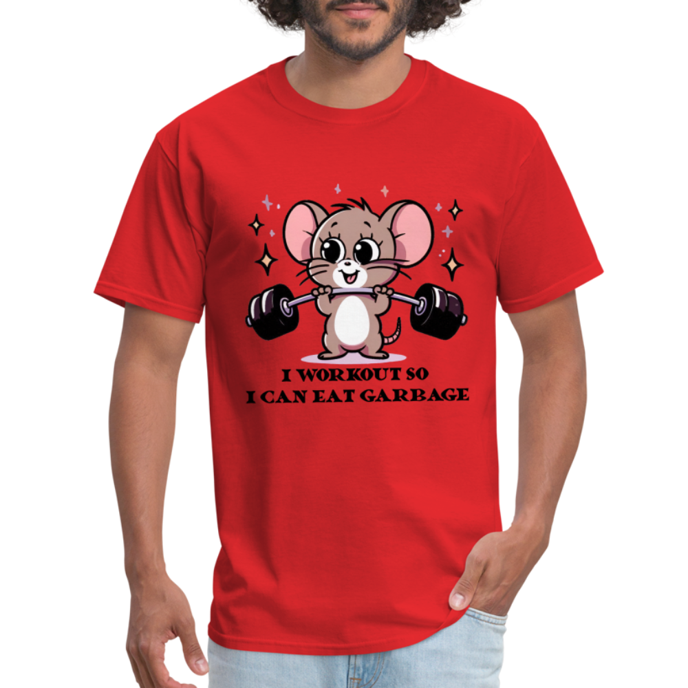 I Workout So I Can Eat Garbage T-Shirt (with Mouse Lifting Weights) - red