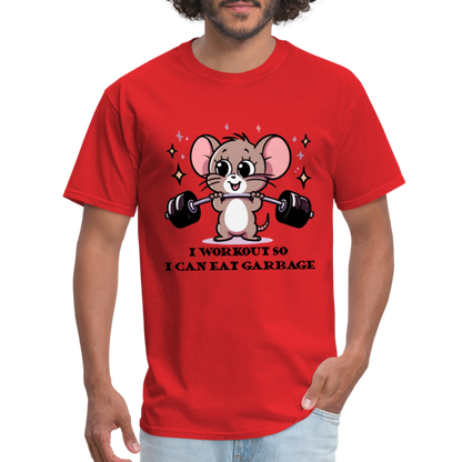 I Workout So I Can Eat Garbage T-Shirt (with Mouse Lifting Weights) - red