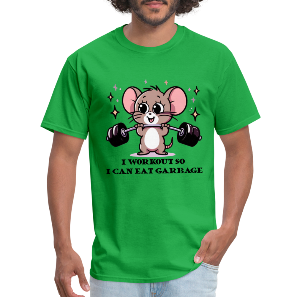 I Workout So I Can Eat Garbage T-Shirt (with Mouse Lifting Weights) - bright green