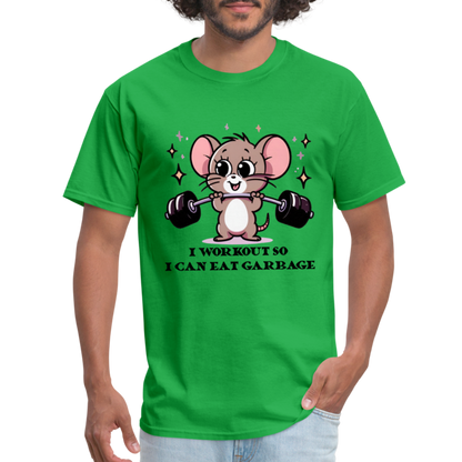 I Workout So I Can Eat Garbage T-Shirt (with Mouse Lifting Weights) - bright green