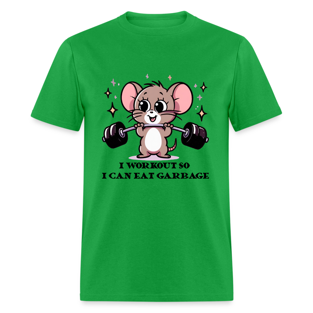 I Workout So I Can Eat Garbage T-Shirt (with Mouse Lifting Weights) - bright green