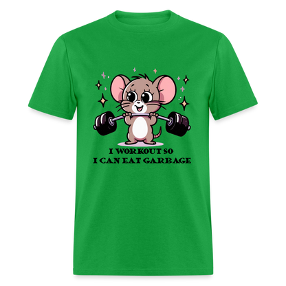 I Workout So I Can Eat Garbage T-Shirt (with Mouse Lifting Weights) - bright green