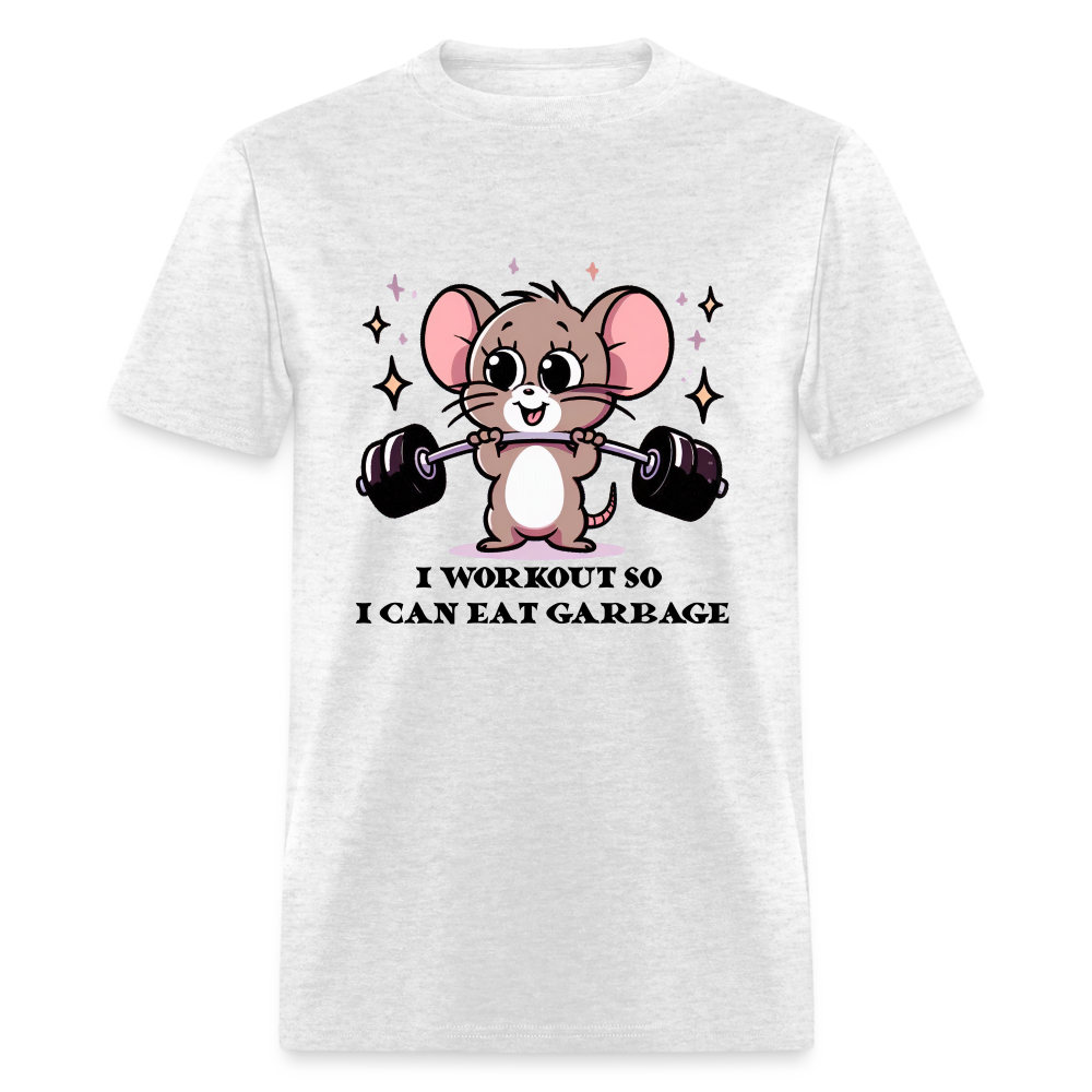 I Workout So I Can Eat Garbage T-Shirt (with Mouse Lifting Weights) - light heather gray