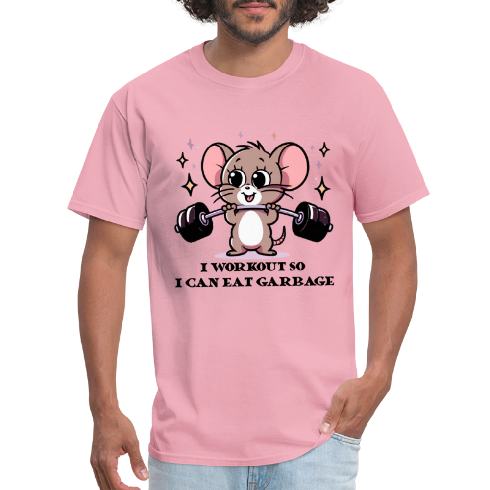 I Workout So I Can Eat Garbage T-Shirt (with Mouse Lifting Weights) - pink