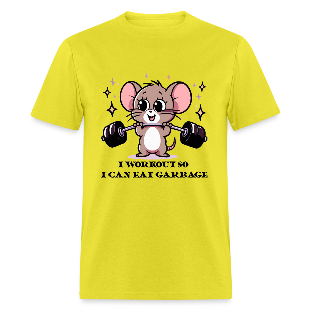 I Workout So I Can Eat Garbage T-Shirt (with Mouse Lifting Weights) - yellow