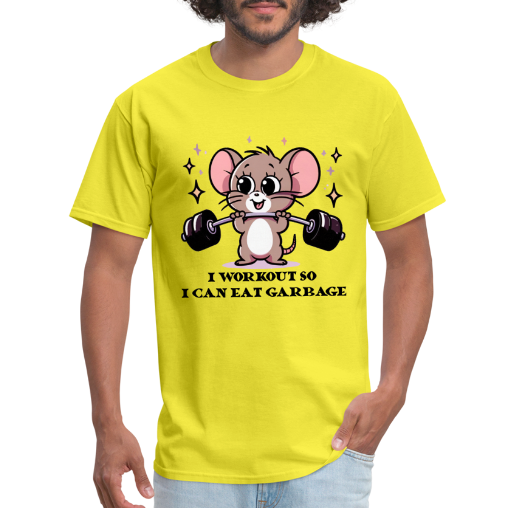 I Workout So I Can Eat Garbage T-Shirt (with Mouse Lifting Weights) - yellow