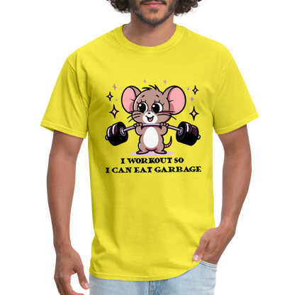 I Workout So I Can Eat Garbage T-Shirt (with Mouse Lifting Weights) - yellow