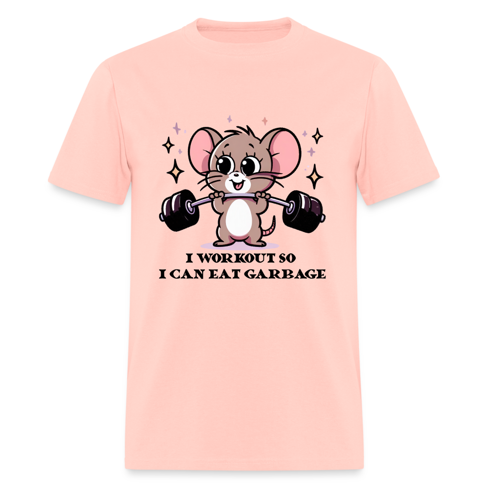 I Workout So I Can Eat Garbage T-Shirt (with Mouse Lifting Weights) - blush pink 